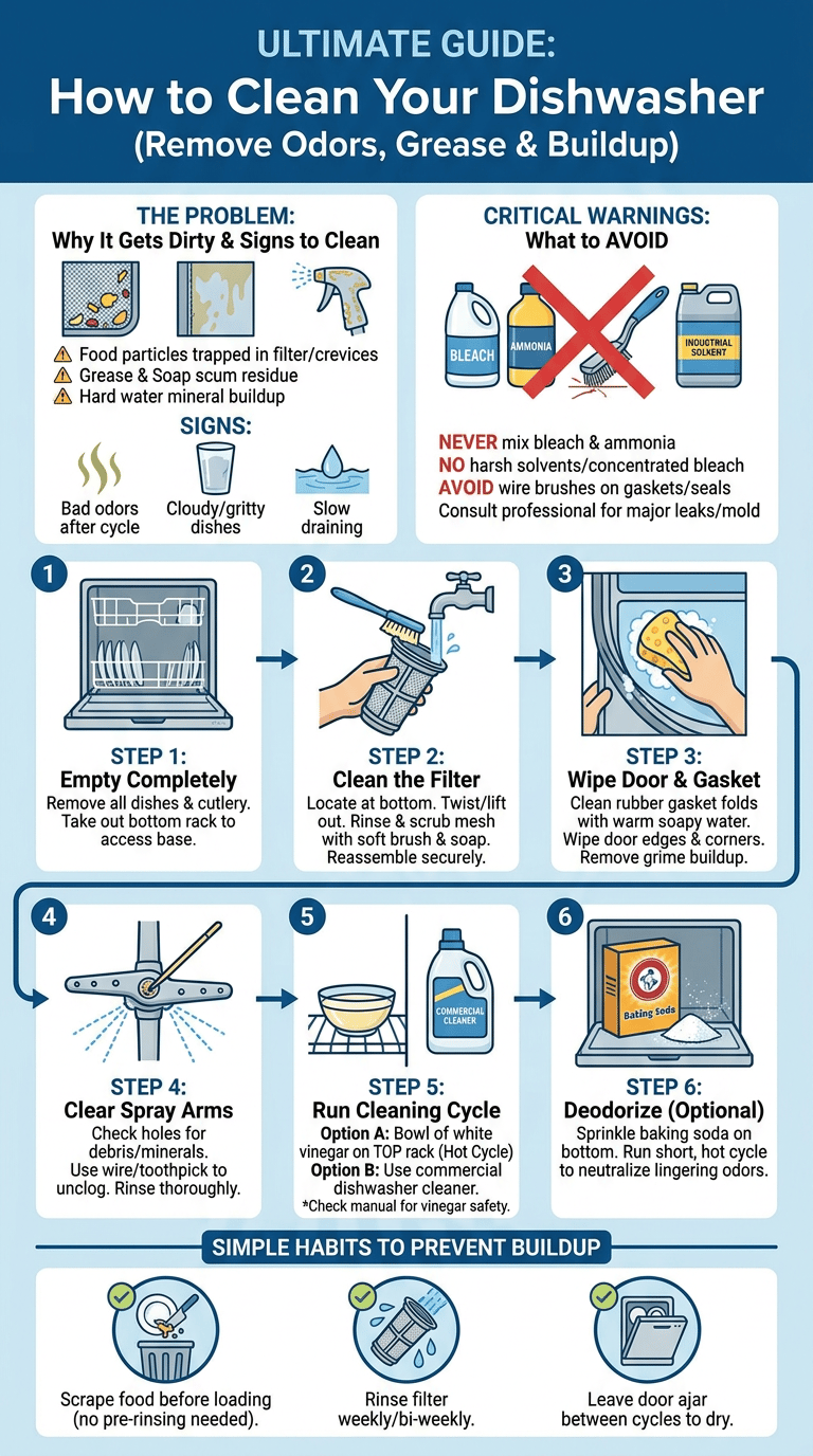 How to Clean a Dishwasher and Remove Odors, Grease, and Buildup infographic
