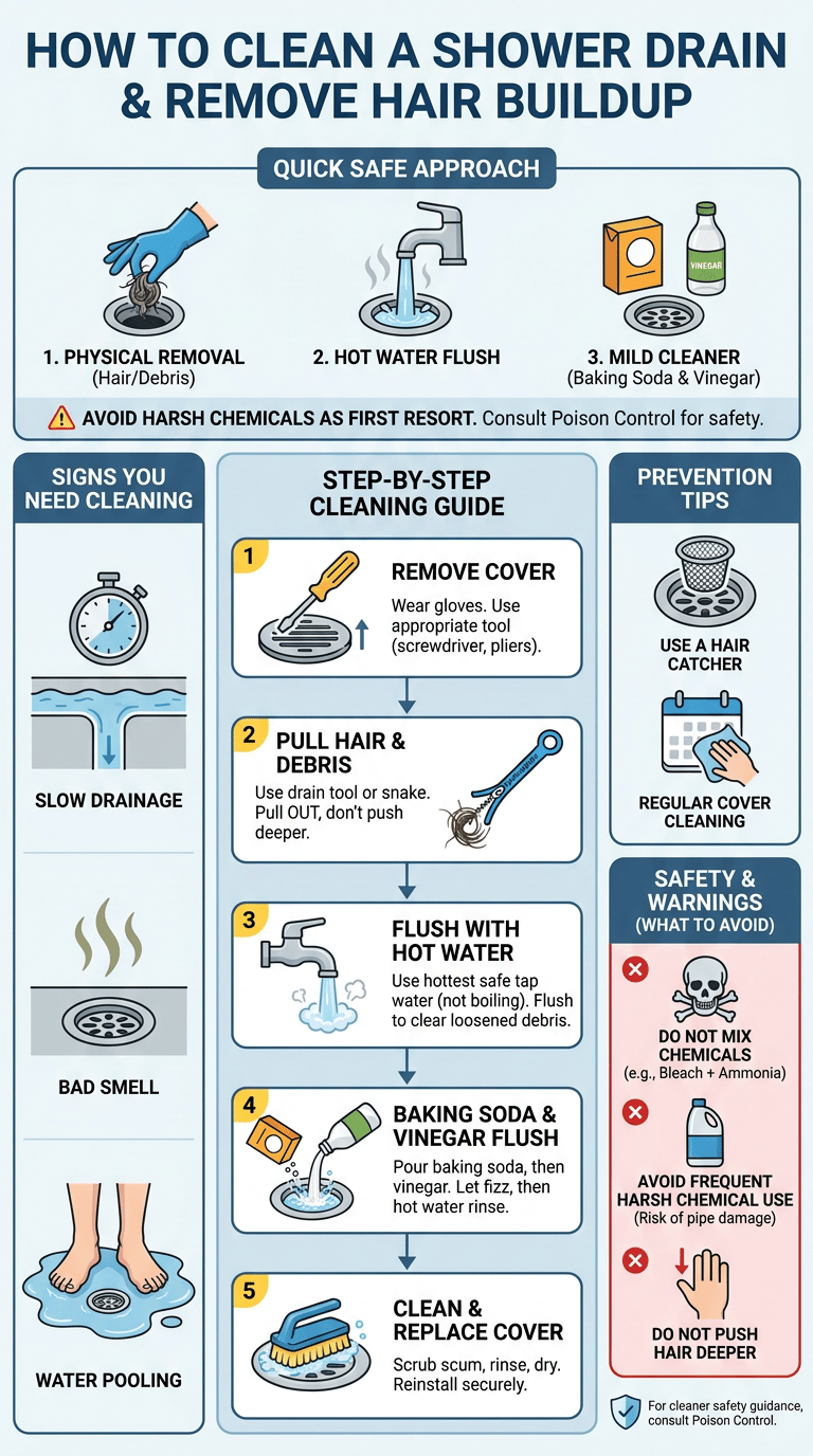 How to Clean a Shower Drain and Remove Hair Buildup infographic