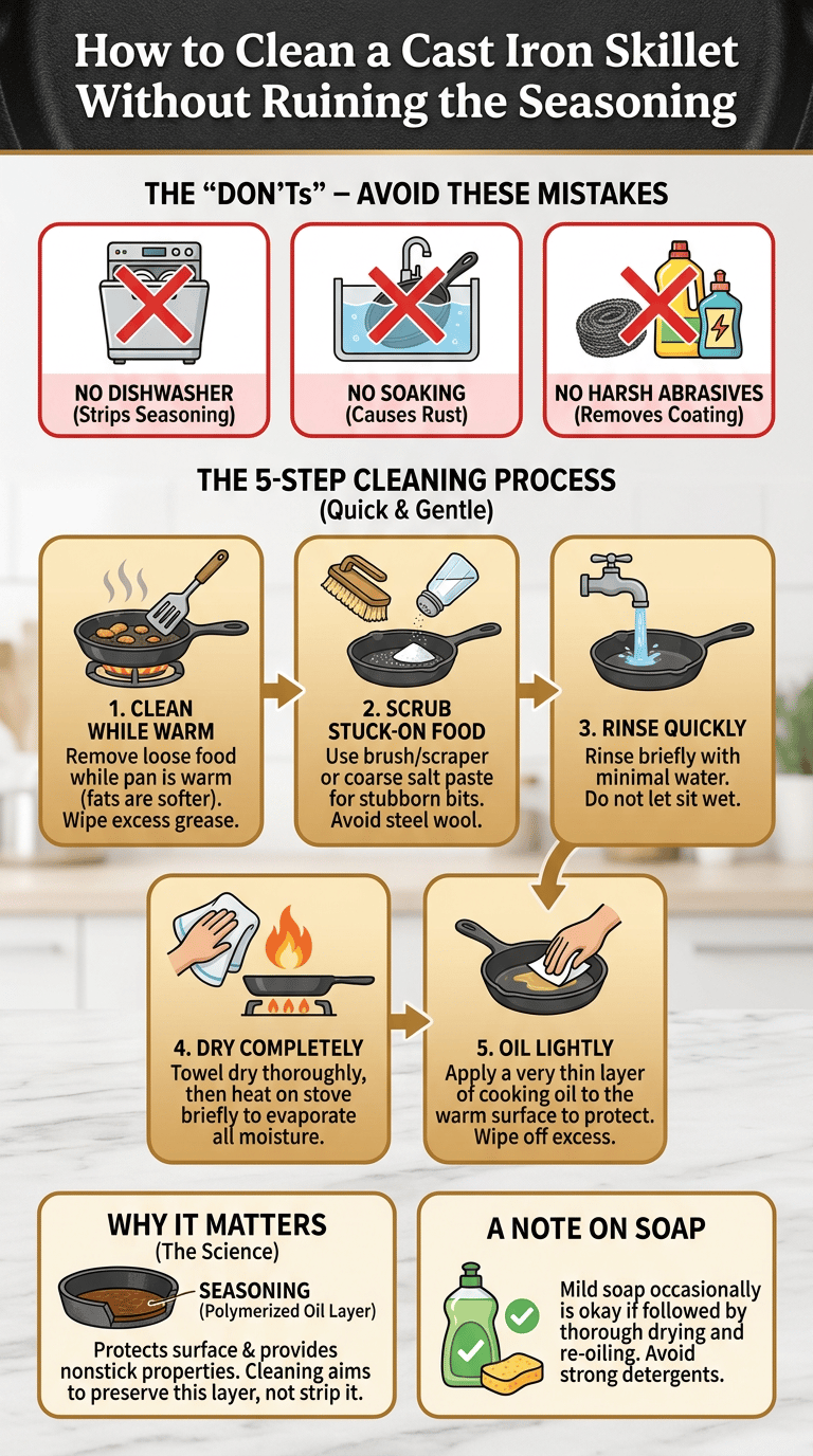 How to Clean a Cast Iron Skillet Without Ruining the Seasoning infographic