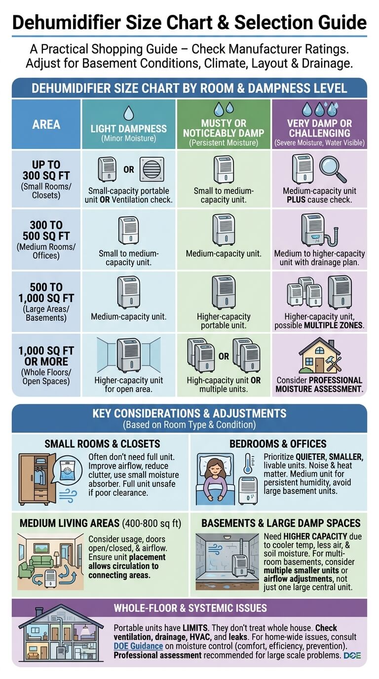 Dehumidifier Size Chart by Room and Dampness Level
