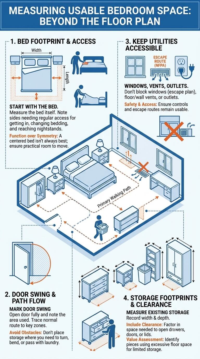 Measure the usable bedroom, not just the floor dimensions